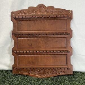 Vtg Wooden 64 Spoon Rack Display Hand Carved Wall Hanging Farmhouse Cottagecore